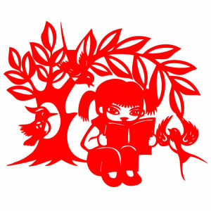 c933女孩看书读书阅读宣纸剪纸作业学校教室墙贴画刻纸刻画成品