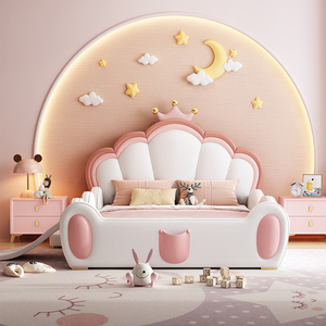 儿童床女孩梦幻城堡公主床带护栏滑梯软包卧室现代简约粉色单人床