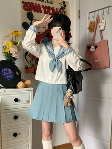 正版关西襟基础水手服中间服春夏款浅蓝领三本白身水色JK学生制服