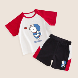 机器猫衣服男童纯棉短袖短裤两件套儿童夏装女童宝宝套装卡通童装