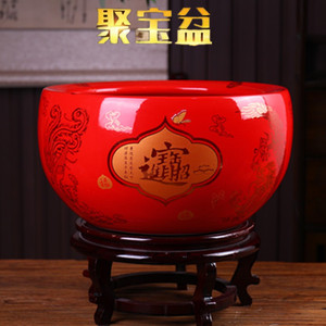 景德镇陶瓷聚宝盆鱼缸结婚礼品红色招财进宝花盆大号烟灰缸荷花缸