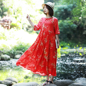 夏季新款复古天丝棉麻高腰细褶显瘦连衣裙气质文艺出游碎花小红裙