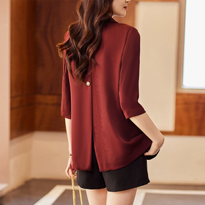 七分袖红色西装外套女夏季薄款2024新款休闲韩版高级感小个子西服