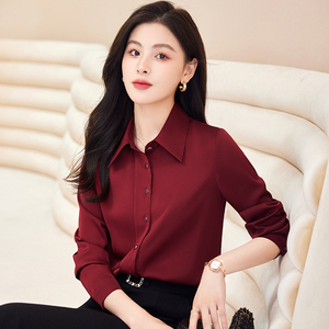 酒红色衬衫女秋季上衣2023新款时尚洋气职业长袖女式衬衣气质韩版