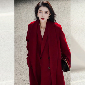 欧货本命年红色双面羊绒大衣2024年秋冬季假两件设计感呢子外套女