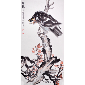 纯手绘花鸟画国画 苍鹰梅花 客厅竖幅字画装饰挂画收藏拍卖