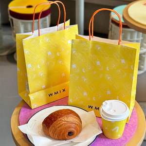 柠檬黄咖啡打包袋子奶茶手提袋饮品双杯牛皮纸袋系列包装定制logo