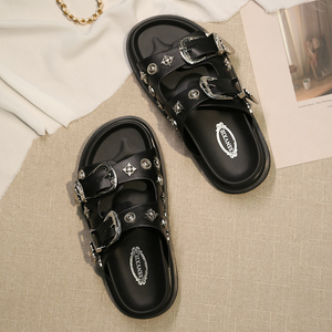 朋克风拖鞋女夏季时尚外穿2022新款百搭金属扣件黑色厚底软底凉拖