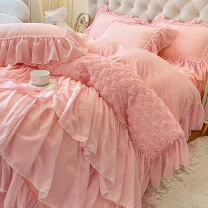 法式粉色全棉床上四件套100纯棉公主风玫瑰蕾丝被套高级结婚床裙4