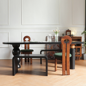 黑色法式复古小户型侘寂风中古实木餐桌椅子组合家用长方形白蜡木