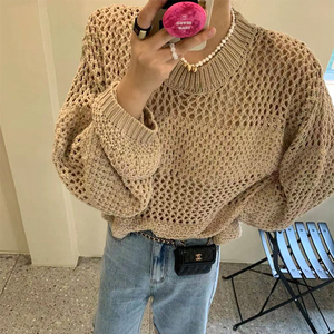 2021秋季新款设计感小众镂空网格针织衫上衣女慵懒风防晒套头毛衣