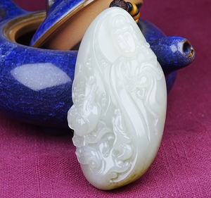 【籽玉铭品】收藏级新疆和田玉白玉籽料观音菩萨把件静观莲开手玩