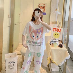 夏季圆领冰丝睡衣女三件套短袖长裤大码可爱玲娜贝儿丝绸家居服