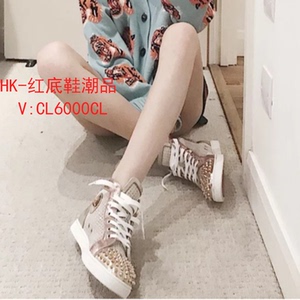 欧美新款clνj高帮女鞋粉色真皮铆钉红底鞋网格亮片板鞋水钻鞋女