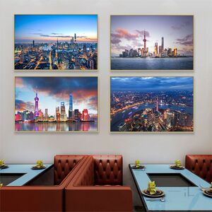 现代上海外滩装饰画饭店餐厅壁画城市风景建筑东方明珠夜景挂画