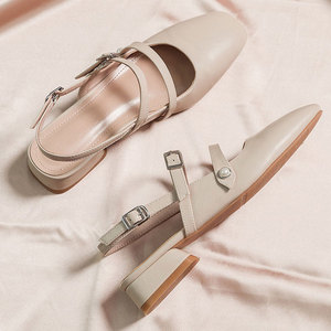 小ck凉鞋女鞋2021粗跟方头仙女风温柔鞋女春低跟一字带包头单鞋潮