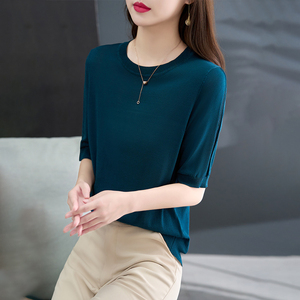 高端时尚冰丝短袖女t恤妈妈夏装半袖宽松上衣薄款天丝面料针织衫