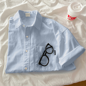 纯棉薄款日系蓝色短袖衬衫女夏季新款设计感小众防晒白衬衣短外套
