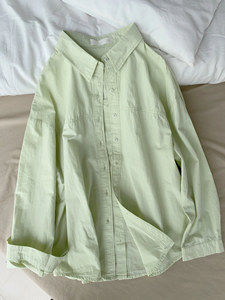 小个子绿色薄款防晒长袖衬衫女夏季新款衬衣纯色高级感上衣外套春