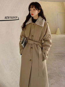 韩国2024冬季新款加绒卡其色派克羽绒服女中长款爆款兔毛棉衣外套