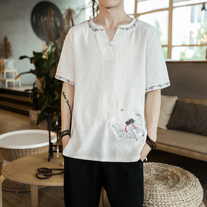 夏季复古亚麻短袖体恤中国风龙刺绣男装棉麻上衣麻料t恤麻布衣服