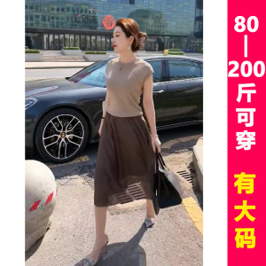 2023流行穿搭新款短袖冰丝针织衫女夏薄网纱半身裙一整套两件套装