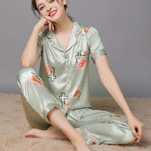 桑蚕丝睡衣女新款春夏季真丝养肤短袖长裤奢华碎花家居服套装大码