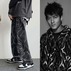 陈冠希潮牌clot同款荆棘提花满印牛仔长裤男街头复古直筒宽松裤子