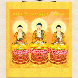 三方佛手势版三世三宝佛像画释迦牟尼药师佛阿弥陀佛丝绸卷轴挂画