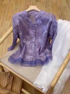 清仓捡漏尾单外贸货女装紫色网纱刺绣上衣v领七分袖防晒内搭衬衫