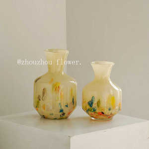 中古高级彩色手工琉璃玻璃花瓶法式装饰客厅大口径艺术插花器摆件