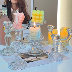 法式复古浮雕水晶玻璃烛台拍照餐桌浪漫摆件ins香薰蜡烛台座欧式