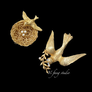 vintage marvella jeanna trifari金色小燕子春归燕小鸟归巢胸针