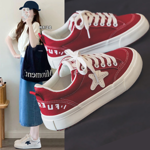 厚底帆布鞋女夏季ins潮韩版小众设计学生板鞋红色运动休闲鞋子女