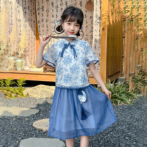 女 童青花瓷汉服套装夏季儿 童民国风连衣裙女孩新中式唐装两件套