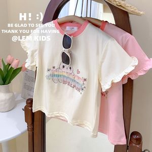新韩版童装夏季新款女童甜美立体网纱装饰兔子卡通花边袖短袖T恤
