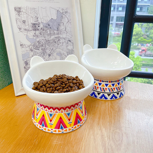 猫碗陶瓷斜口保护颈椎高脚防打翻幼猫双碗水碗猫粮盆猫食盆猫咪碗