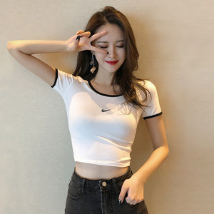 魅力冠军白色短款t恤女短袖夏季高腰紧身设计感小众露脐上衣ins潮