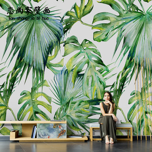北欧手绘热带植物芭蕉叶壁纸客厅电视背景墙纸无缝沙发无纺布墙布