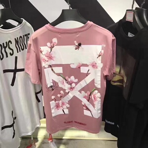 正品潮牌off ow white新品2020樱花短袖粉色花卉箭头男女短袖t恤