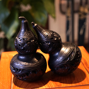 梁子黑陶德州黑陶小对葫芦手工制作陶瓷礼品工艺品家居摆件纪念品