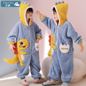 儿童连体睡衣男童秋冬季法兰绒加厚珊瑚绒女童男孩恐龙连帽家居服