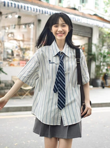 日系学生蓝色条纹领带衬衫刺绣夏季薄款小个子韩版休闲衬衣学院风