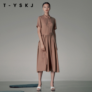 TYSKJ台绣连衣裙夏季2024年新款立领清凉飘逸系带时尚短袖女裙子