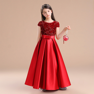 酒红色钢琴表演女童礼服主持人修身亮片礼服长款合唱团演唱服新款