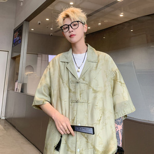 牛油果绿新中式男装夏款冰丝提花盘扣垂感短袖衬衫中国风唐装外套