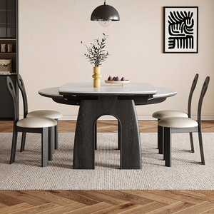 美式实木折叠餐桌可变圆桌客厅2024新款可伸缩高端岩板家庭中古风