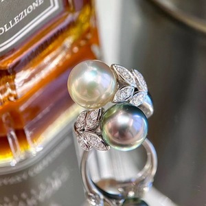 DIY珍珠配件 S925纯银双珠麦穗戒指空托 镶钻开口指环配8-10mm圆