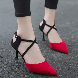 春夏绒面交叉绑带高跟鞋尖头浅口单鞋拼色时尚欧美细跟女鞋半凉鞋