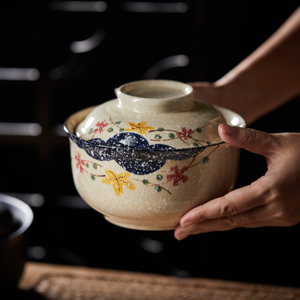 釉下彩陶瓷日式盖碗学生宿舍泡面带盖子碗炖盅隔水蒸蛋家用小汤碗